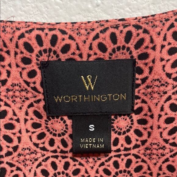 Worthington Deep Coral Ruffle Flutter Sleeve Blouse Small Medallion Print‎ - Picture 2 of 9